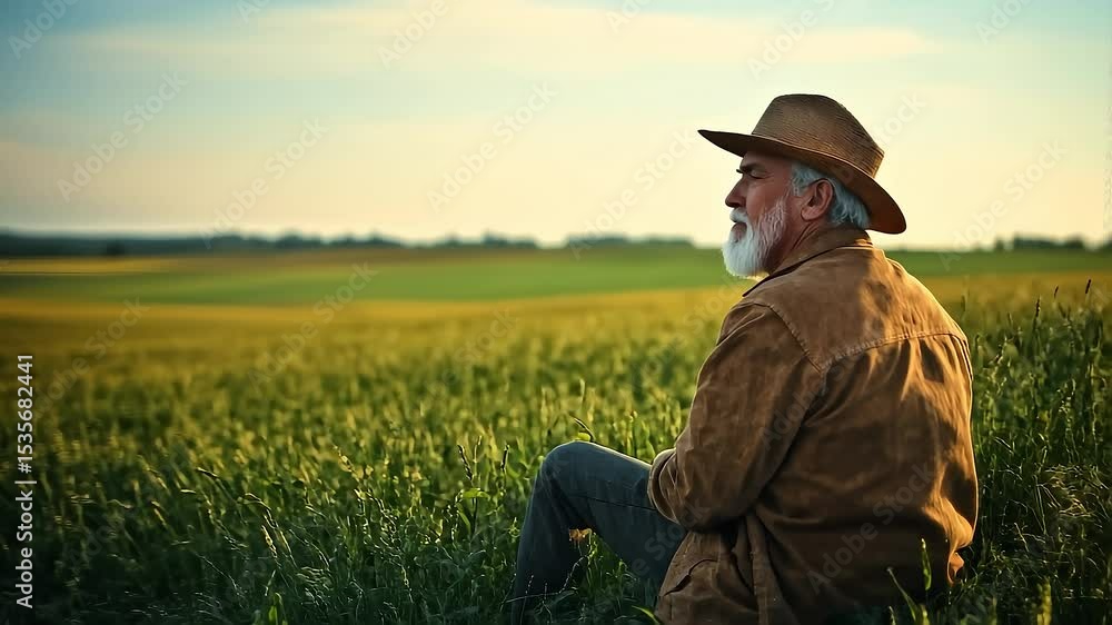 Peaceful Rural Elder Gazing at Distant Sunset in Field Peaceful Rural Elder Gazing at Distant Sunset in Field