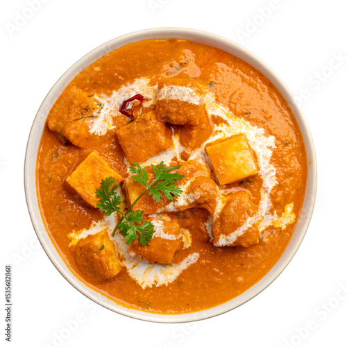 Butter Paneer Curry in a bowl top view on a Transparent PNG background