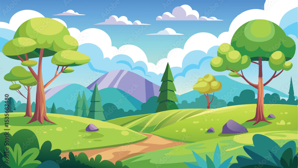Fototapeta premium Cartoon Landscape with Green Hills, Trees, Mountains, and Cloudy Blue Sky Background
