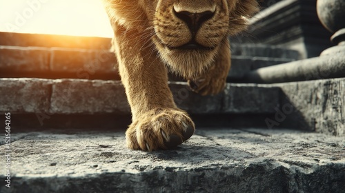 Close-up of a lion cub walking on stone steps during sunset, showcasing its paw and face with a warm glow
