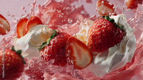 Strawberries cream and pink liquid splashing together