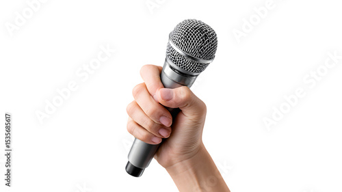 Close up of a hand gripping a modern metallic microphone against a solid isolated on white transparent backdrop for performance and audio related concepts.