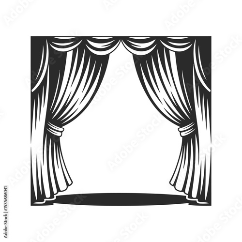 Monochrome stage curtain sketch with dramatic open effect,Black and White Theatrical Drapes Drawing
