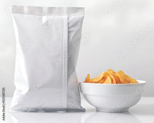 Blank Potato Chips Packaging with Bowl of Crispy Chips on White Background