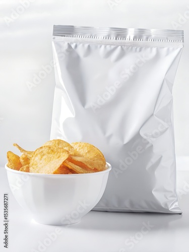 Blank Potato Chips Packaging with Bowl of Crispy Chips on White Background
