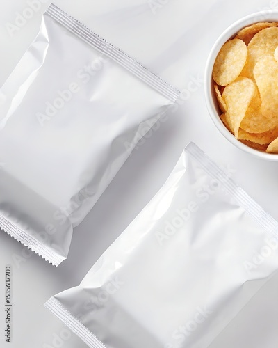 Blank Potato Chips Packaging with Bowl of Crispy Chips on White Background