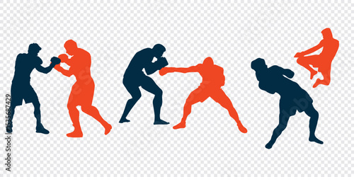 Man doing boxing moves exercise. Jab Cross Hook and Uppercut movement. Shadow boxing. Flat vector illustration isolated on white background.