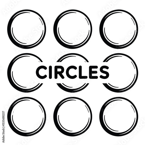 a 3x3 grid of hand-drawn black circle outlines with spontaneous, imperfect strokes on white background