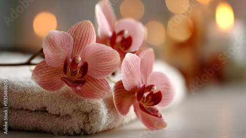 Pink orchids and fluffy towels spa relaxation scene soft lighting