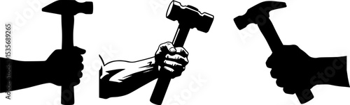 Powerful silhouettes of hands firmly gripping hammers symbolizing construction repair and skilled craftsmanship for labor day celebration