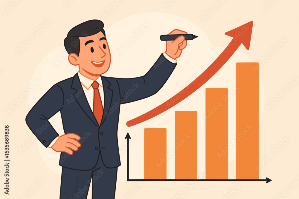 Businessman drawing a growing graph. Financial success concept with upward arrow and bar chart. Manager presenting sales data, profit increase, and business development strategy. Businessman drawing a growing graph. Financial success concept with upward arrow and bar chart. Manager presenting sales data, profit increase, and business development strategy.