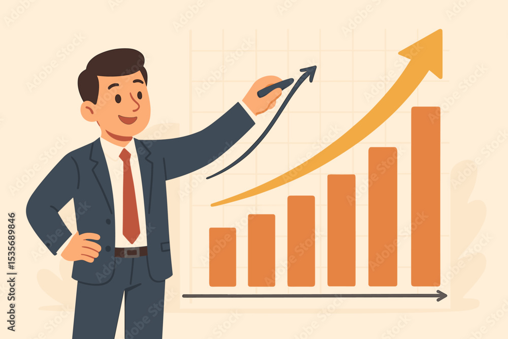 Businessman drawing a growth arrow on a bar chart. Financial presentation concept for success, profit, and investment. Corporate strategy and data analysis for development. Businessman drawing a growth arrow on a bar chart. Financial presentation concept for success, profit, and investment. Corporate strategy and data analysis for development.