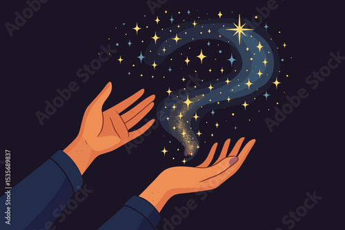Magical hands holding a stardust question mark. Concept of mystery, curiosity, asking questions, finding solutions, creativity, and imagination. Cosmic wonder and fantasy vector.