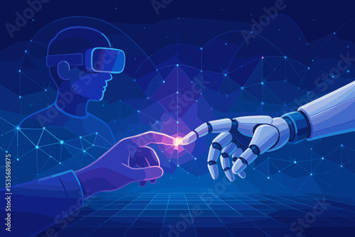 Human hand touches AI robot finger, a modern Creation of Adam metaphor. Man in VR glasses in the metaverse. Concept of future technology, virtual reality, and digital connection.