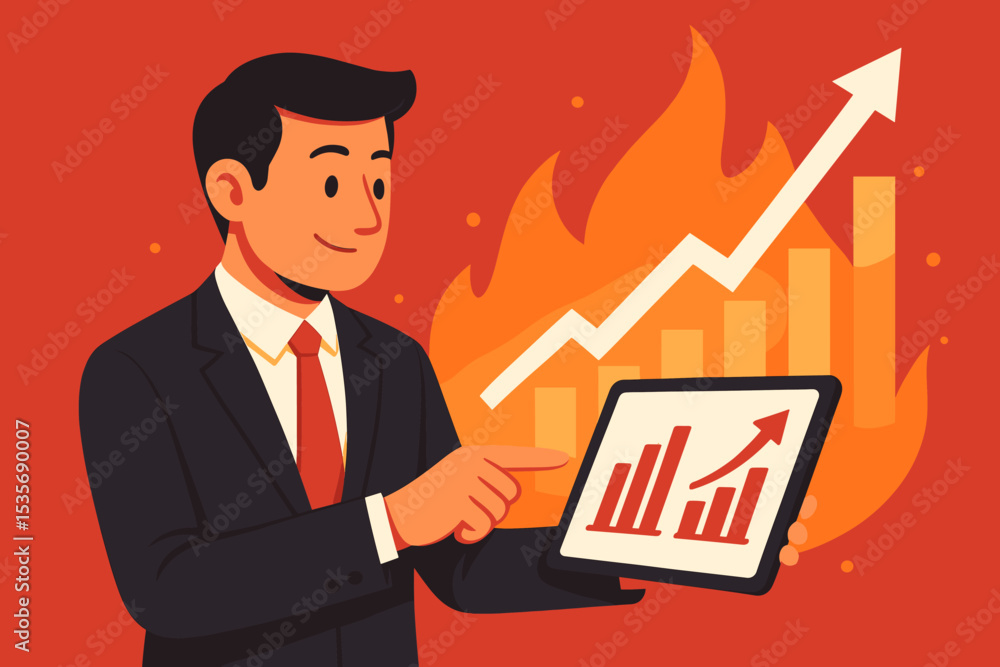 Businessman presents financial growth on a tablet. Business success concept with rising arrow chart on fire. Metaphor for hot stock market, investment profit, and sales data. Businessman presents financial growth on a tablet. Business success concept with rising arrow chart on fire. Metaphor for hot stock market, investment profit, and sales data.