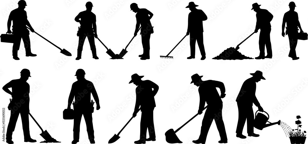 Obraz premium Diverse collection of gardener and landscaper silhouettes engaged in various outdoor tasks representing horticulture and manual labor