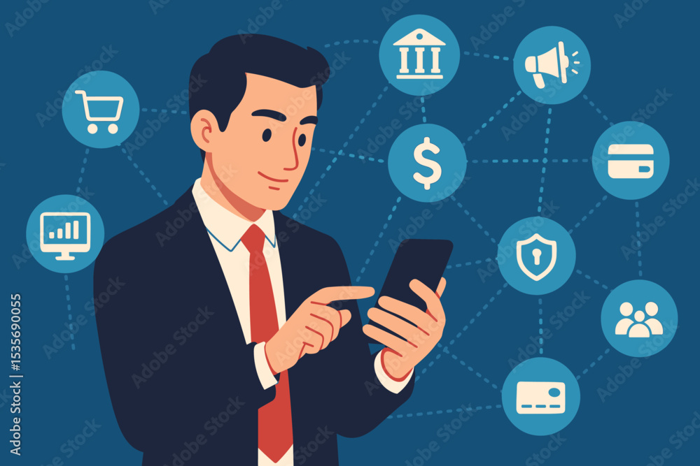 Digital banking concept of a businessman using a smartphone for financial services. Fintech illustration with icons for mobile payment, e-commerce, security, and investment. Digital banking concept of a businessman using a smartphone for financial services. Fintech illustration with icons for mobile payment, e-commerce, security, and investment.