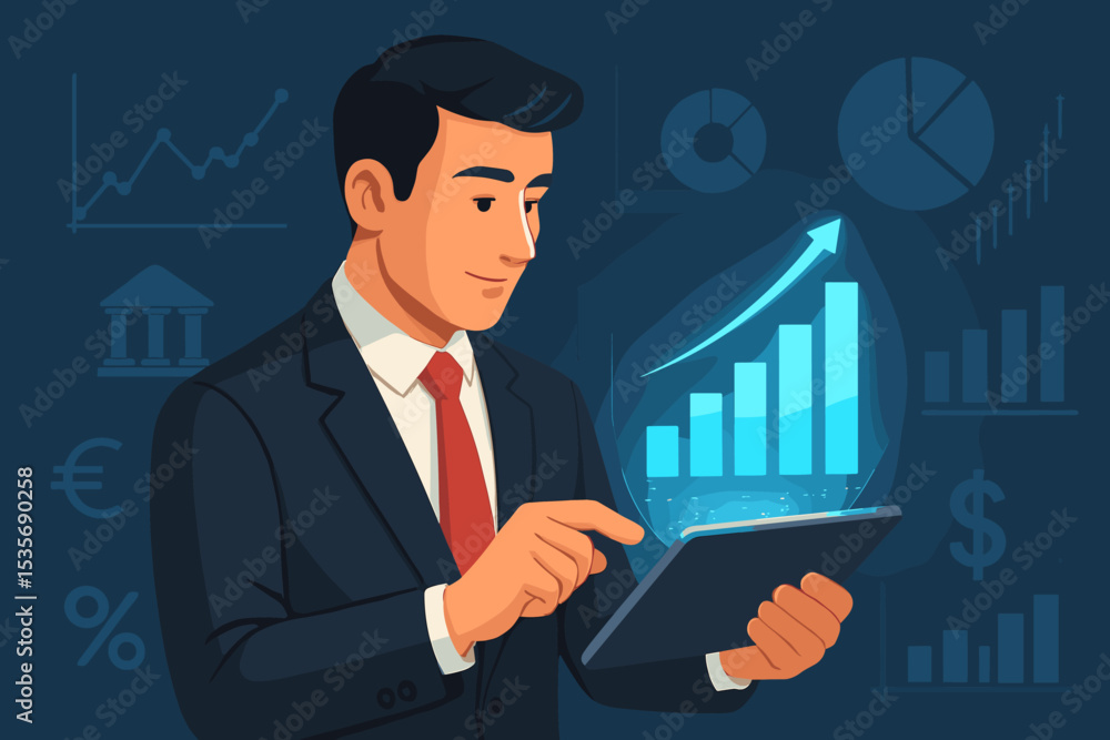 Businessman using tablet for financial data analysis and business growth visualization. Investment strategy, stock market, economic success concept. Corporate profit report with charts. Vector Businessman using tablet for financial data analysis and business growth visualization. Investment strategy, stock market, economic success concept. Corporate profit report with charts. Vector