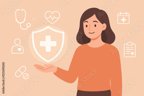 Health insurance concept. Woman holding a glowing shield for medical protection and healthcare security. Life insurance policy and wellness coverage vector with medical icons.