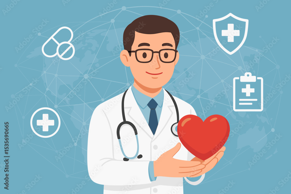 Doctor holding heart. Medical healthcare concept with physician character. Cardiology, health insurance, global network background. Medicine, protection, diagnosis icons vector. Doctor holding heart. Medical healthcare concept with physician character. Cardiology, health insurance, global network background. Medicine, protection, diagnosis icons vector.
