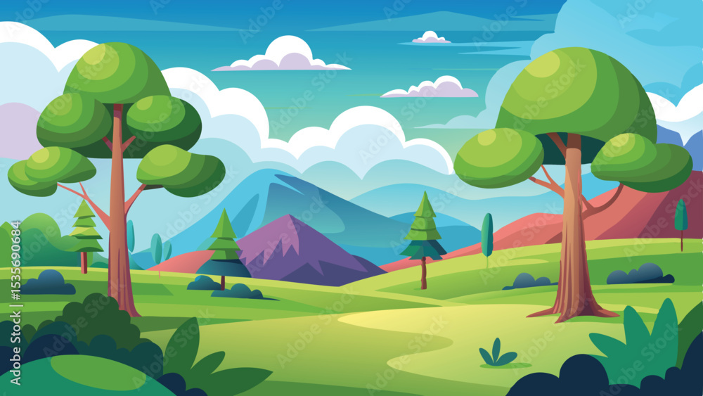 Naklejka premium Cartoon Landscape with Trees, Mountains, Clouds, and Winding Path in Sunny Environment
