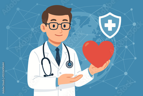 Doctor holding heart symbol. Healthcare and medical concept. Health insurance protection with shield icon. Global network background. Cardiology and patient care vector illustration.