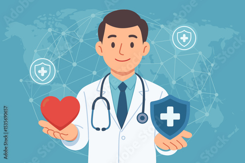 Doctor holding a heart and shield for health insurance concept. Global medical protection, healthcare network, and cardiology care. Physician illustration for trust, safety, and life.