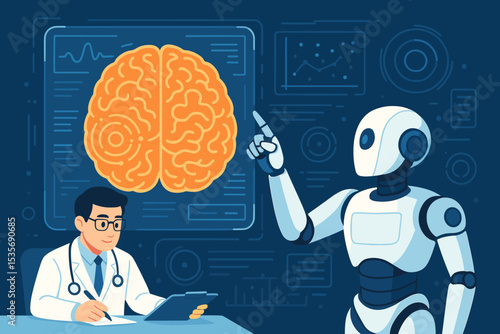 Futuristic medical innovation. AI robot assists doctor in analyzing brain scan. Concept of artificial intelligence in healthcare, neurology, diagnosis, and medical research. Vector.