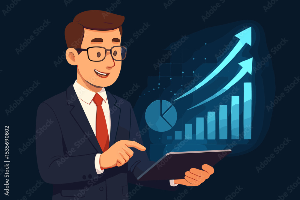 Businessman holding a tablet showing a glowing financial chart. Concept for business growth, data visualization, success, and investment. Professional analyzing statistics and profit. Businessman holding a tablet showing a glowing financial chart. Concept for business growth, data visualization, success, and investment. Professional analyzing statistics and profit.