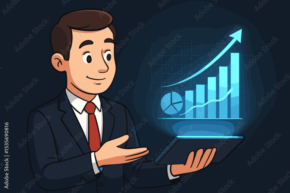 Businessman using a tablet for data analysis. Holographic projection of a financial growth chart and graph. Concept of business success, investment strategy, market analysis, and profit. Businessman using a tablet for data analysis. Holographic projection of a financial growth chart and graph. Concept of business success, investment strategy, market analysis, and profit.