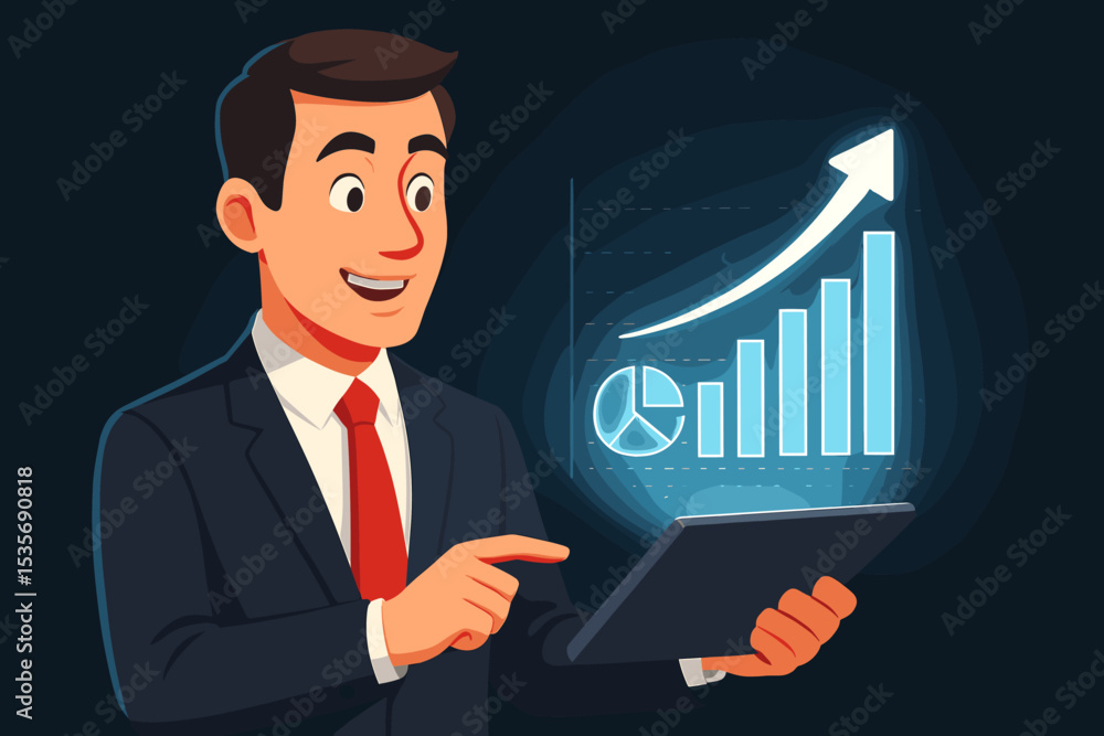 Business Growth Visualization with Digital Tablet and Upward Financial Chart, Modern Businessman Analyzing Data, Increasing Revenue Concept, Finance Strategy and Success Illustration Business Growth Visualization with Digital Tablet and Upward Financial Chart, Modern Businessman Analyzing Data, Increasing Revenue Concept, Finance Strategy and Success Illustration