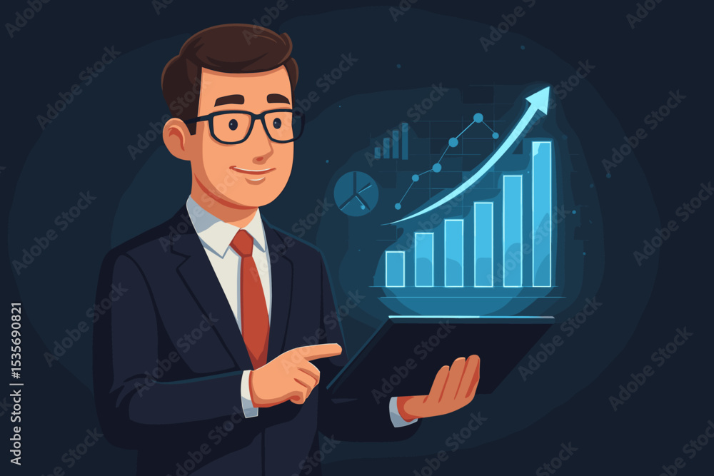 Businessman holding tablet with holographic chart showing business growth, profit, and success. Financial analysis and investment concept. Data visualization for presentation. Businessman holding tablet with holographic chart showing business growth, profit, and success. Financial analysis and investment concept. Data visualization for presentation.