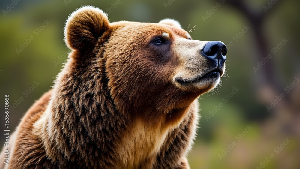 Fototapeta premium Detailed close up photograph of brown bear in savanna showing its thick fur and calm expression in natural light