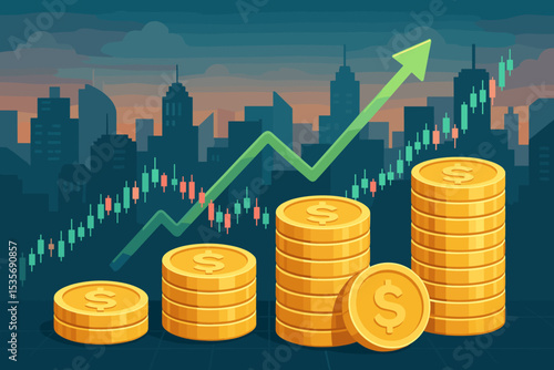 Financial growth concept. Stock market investment and trading. Economy increase with arrow up. Business profit. Stacks of gold coins and candlestick chart. Bull market success.