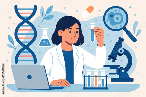 Scientist woman working in laboratory on biotech research. Concept for genetics, medicine, and chemistry. Female researcher analyzing test tube with microscope and DNA helix.