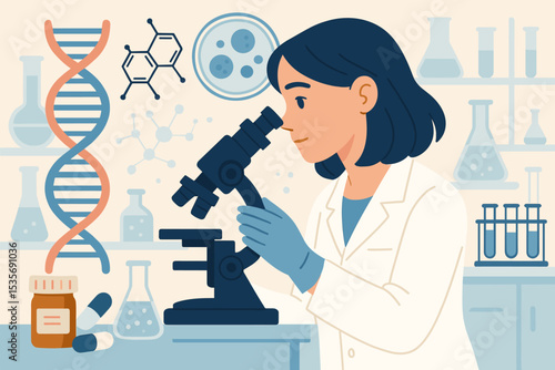 Scientist woman in lab coat looking through microscope. Biotechnology research concept with DNA helix, molecules. Medical and pharmaceutical vector illustration for science.