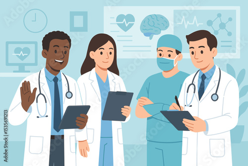 Healthcare team collaboration concept. Diverse group of doctors, surgeon, and nurses working together in a hospital or clinic. Medical staff meeting for diagnosis and treatment.