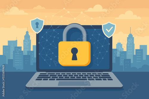 Cybersecurity concept illustration. Data protection and privacy with padlock and shield on laptop. Internet security, network safety, antivirus, firewall technology concept.