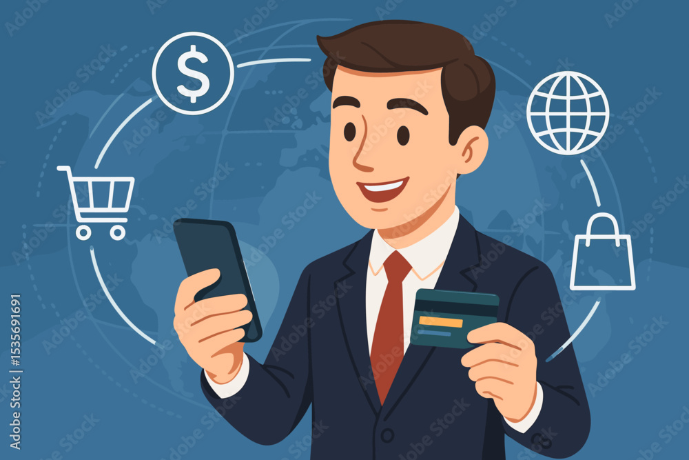 Online shopping and mobile payment concept. Businessman using smartphone and credit card for e-commerce. Global transaction and internet purchase vector illustration. Digital wallet. Online shopping and mobile payment concept. Businessman using smartphone and credit card for e-commerce. Global transaction and internet purchase vector illustration. Digital wallet.