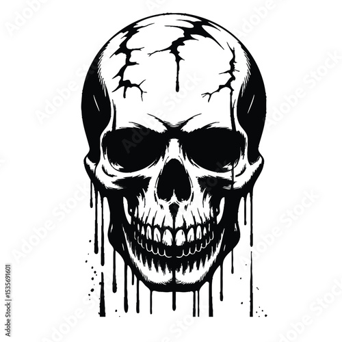 a bold monochrome illustration of a monstrous skull-like face with jagged edges and ink splatter for a menacing, unsettling effect