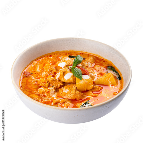 Red chicken, Thai curry in a white bowl on a Transparent PNG Background