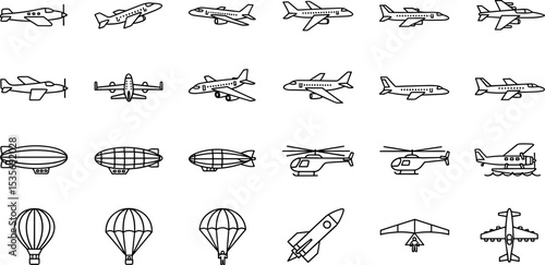 Airplanes, air transport and aviation icon set with adjustable line weight