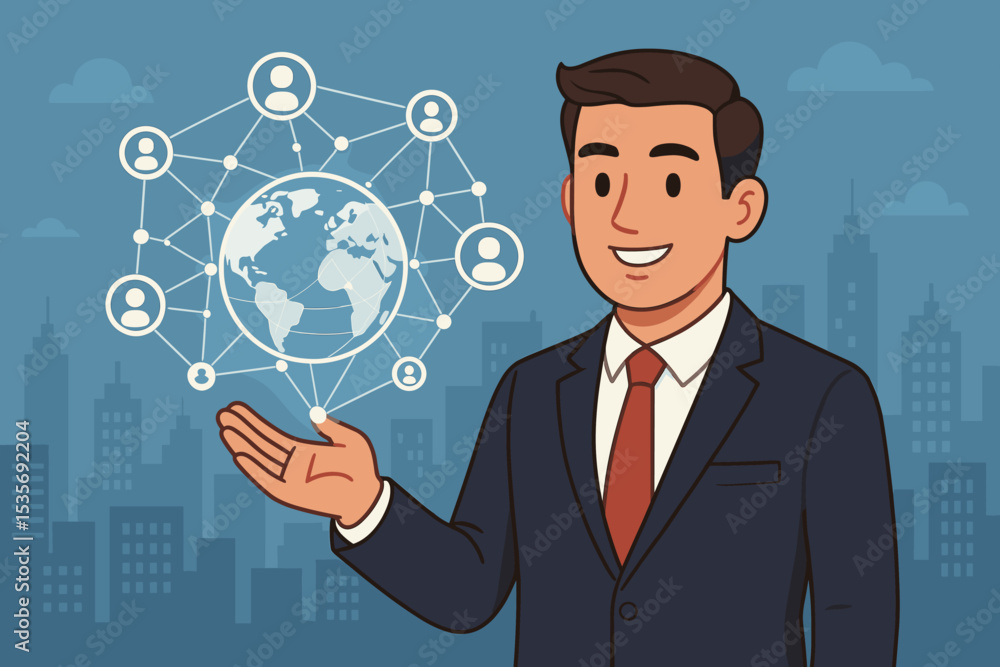 Global business networking concept with a cartoon businessman presenting a worldwide connection. International corporate communication, social media, and technology strategy illustration. Global business networking concept with a cartoon businessman presenting a worldwide connection. International corporate communication, social media, and technology strategy illustration.
