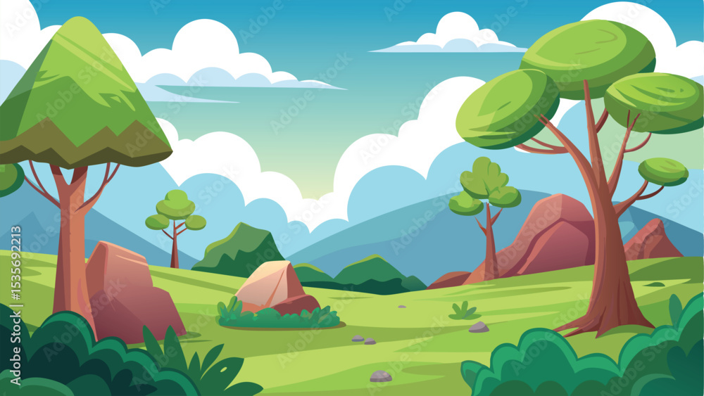 Fototapeta premium Cartoon Landscape Illustration Green Meadow, Trees, Rocks, Distant Mountains and Cloudy Sky