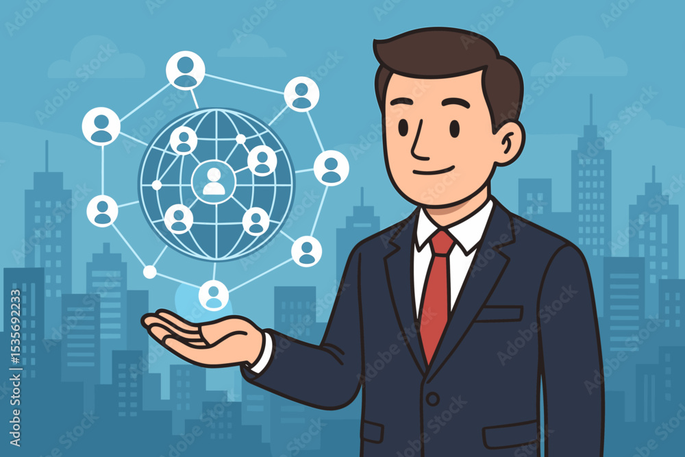 Businessman holding a glowing globe with a network of connected people. Concept of global business, social media, worldwide communication, digital technology, and international teamwork. Businessman holding a glowing globe with a network of connected people. Concept of global business, social media, worldwide communication, digital technology, and international teamwork.