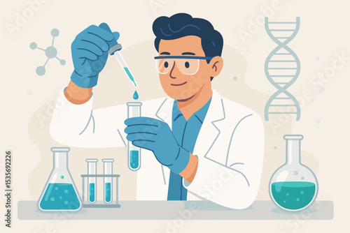 Scientist in laboratory conducting research. Man in lab coat with test tube and pipette doing a chemical experiment. Concept of biotechnology, genetics, DNA, and medical analysis.