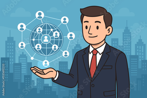 Businessman holding a glowing globe with a network of connected people. Concept of global business, social media, worldwide communication, digital technology, and international teamwork.