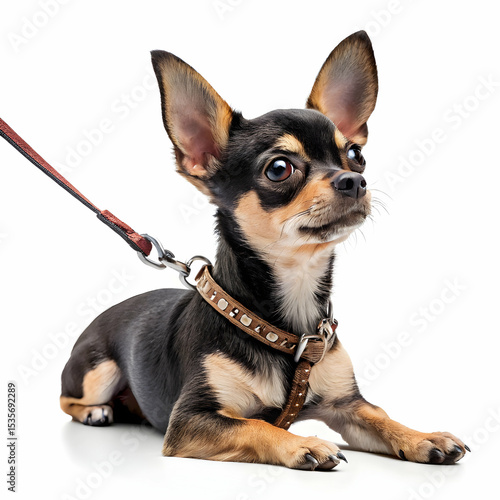 Chihuahua hond met leiband geïsoleerd op transparante achtergrond voor huisdier- en dierenontwerpen
