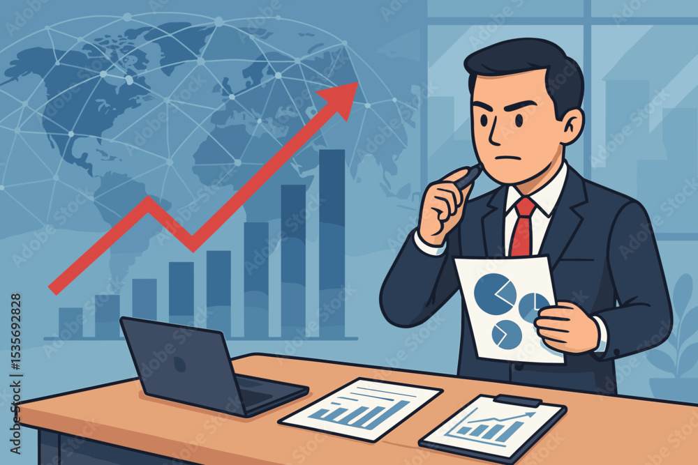 Businessman analyzing business growth with charts and graphs. Financial analyst planning strategy. Concept of success, investment, and market data analysis. Global economy background. Businessman analyzing business growth with charts and graphs. Financial analyst planning strategy. Concept of success, investment, and market data analysis. Global economy background.