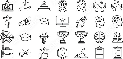Self-Development Vector Icon Set Adjustable Line Weight Achievement, goal, success, education, creativity, inspiration, growth, leadership, brain, target, diploma, rocket, trophy, checklist icons